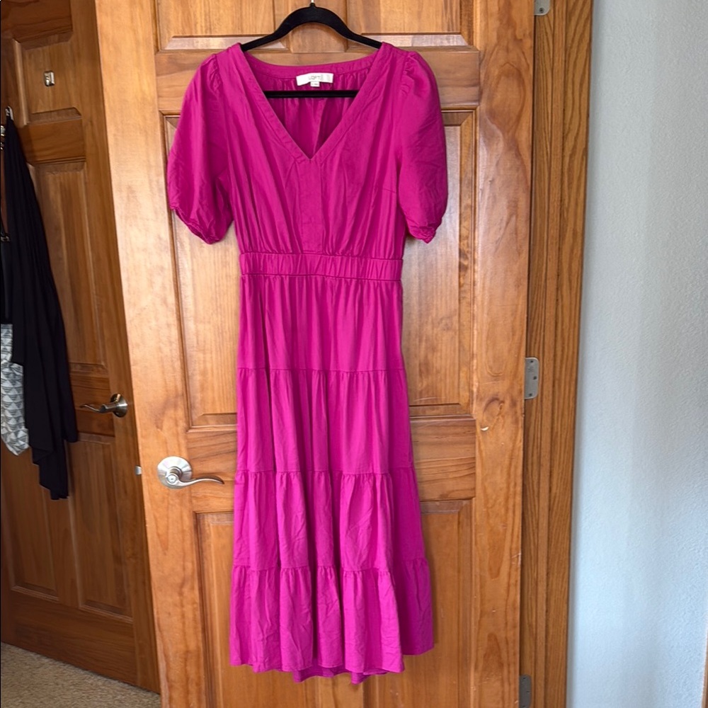 LOFT Magenta Tiered Midi Dress